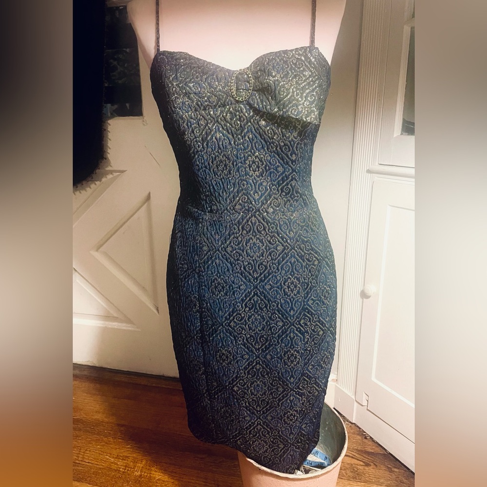 VTG 90’s Betsey Johnson Strapless Navy & Gold Body Con Dress